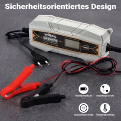 Wiltec Ladegerät 6-12 V, Batterieladegerät 4 A, 10-150 Ah für Autobatterie Kfz und Motorrad, intelligenter Lader mit Verpol-, Überlade- und Kurzschlussschutz mit LCD-Display