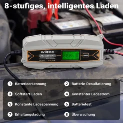 Wiltec Ladegerät 6-12 V, Batterieladegerät 4 A, 10-150 Ah für Autobatterie Kfz und Motorrad, intelligenter Lader mit Verpol-, Überlade- und Kurzschlussschutz mit LCD-Display