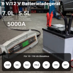 Wiltec Ladegerät 6-12 V, Batterieladegerät 4 A, 10-150 Ah für Autobatterie Kfz und Motorrad, intelligenter Lader mit Verpol-, Überlade- und Kurzschlussschutz mit LCD-Display