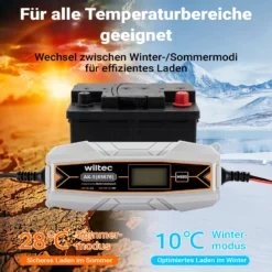 Wiltec Ladegerät 6-12 V, Batterieladegerät 4 A, 10-150 Ah für Autobatterie Kfz und Motorrad, intelligenter Lader mit Verpol-, Überlade- und Kurzschlussschutz mit LCD-Display