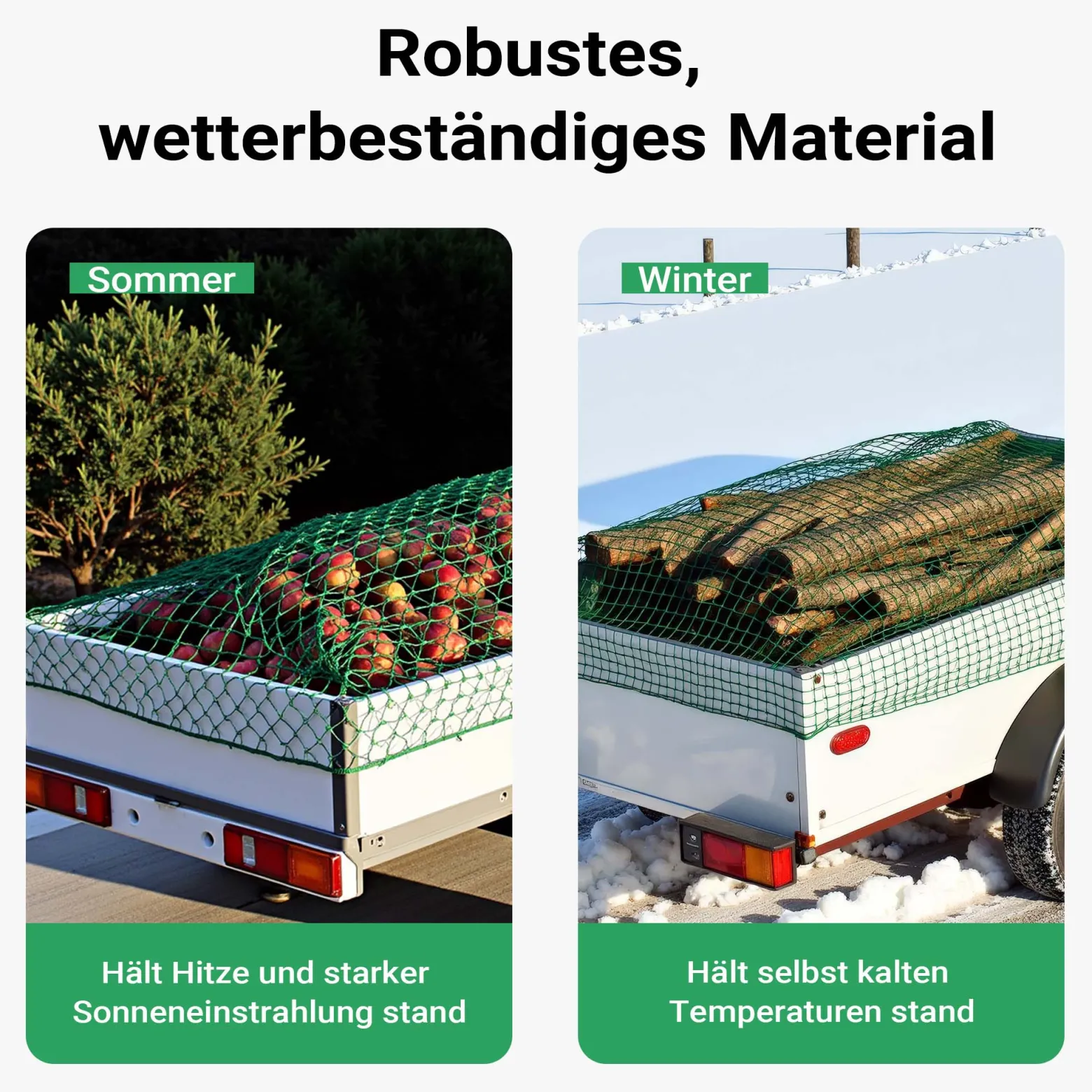 Wiltec Ladungssicherungsnetz 4x4m Grün Masche 4,5x4,5 cm Stärke 3 mm Polypropylen Transportnetz für Anhänger mit Randkördel Witterungsbeständig Ladung Sicherheit