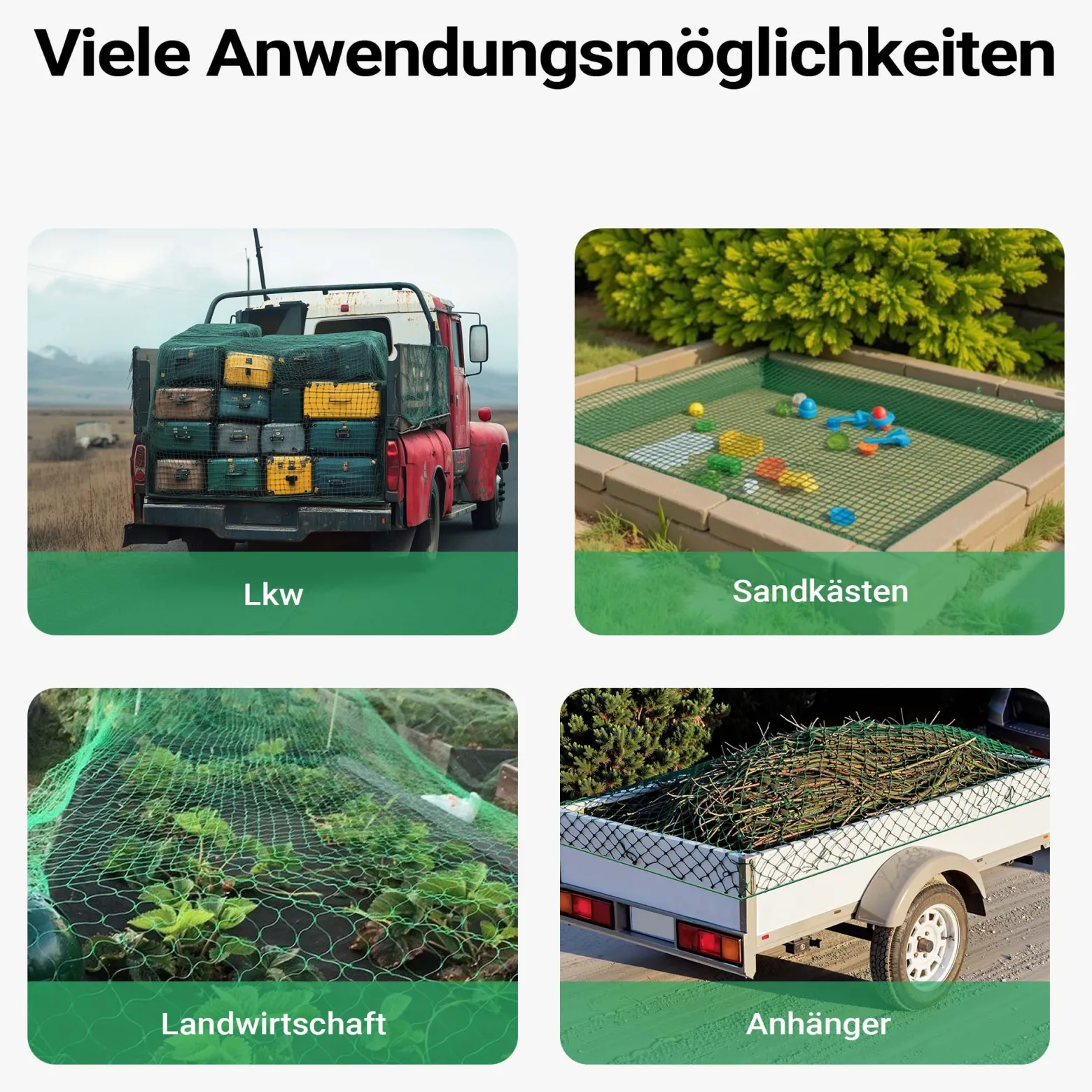 Wiltec Ladungssicherungsnetz 3x3 m Grün Masche 4,5x4,5 cm Stärke 3 mm Polypropylen Transportnetz für Anhänger mit Randkördel Witterungsbeständig Ladung Sicherheit