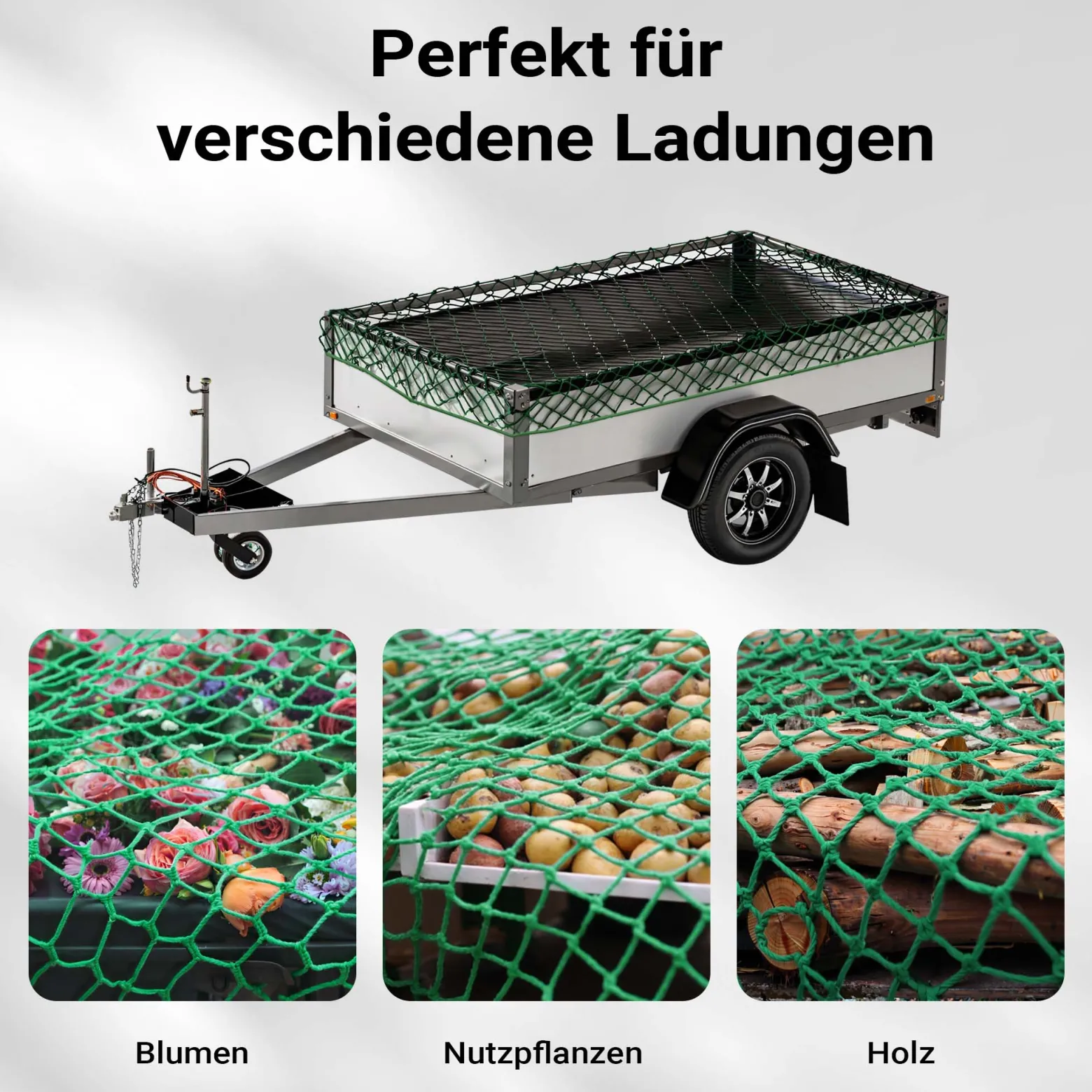 Wiltec Ladungssicherungsnetz 3x3 m Grün Masche 4,5x4,5 cm Stärke 3 mm Polypropylen Transportnetz für Anhänger mit Randkördel Witterungsbeständig Ladung Sicherheit