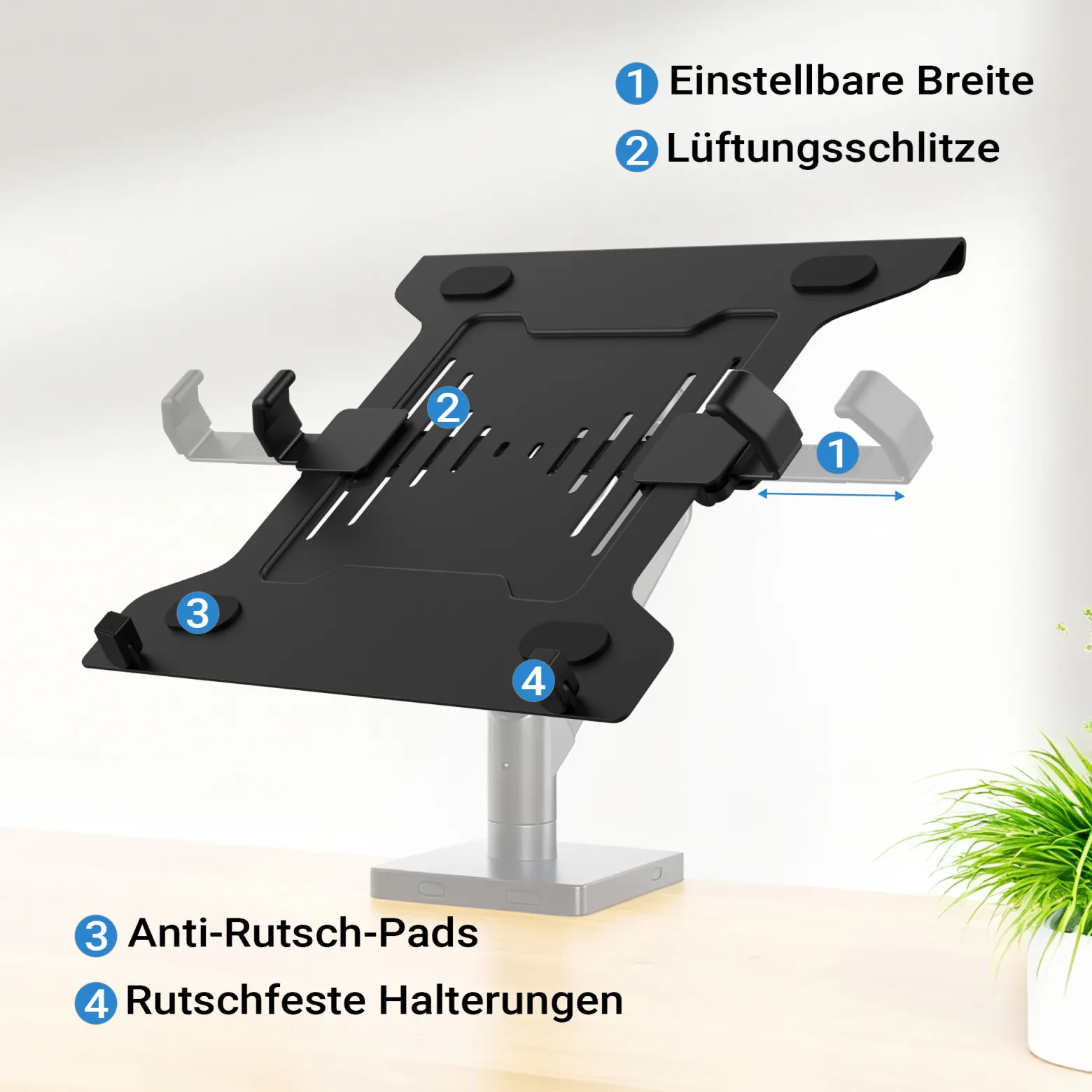 Wiltec Laptopablage für Monitorhalter, Laptopständer aus Stahl mit Breitenanpassung, Laptophalter kompatibel mit VESA 100 x 100 und 75 x 75, Notebook Halterung mit Rutschschutz