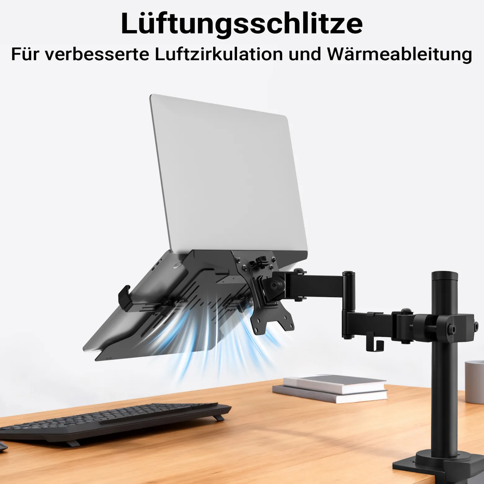 Wiltec Laptopablage für Monitorhalter, Laptopständer aus Stahl mit Breitenanpassung, Laptophalter kompatibel mit VESA 100 x 100 und 75 x 75, Notebook Halterung mit Rutschschutz