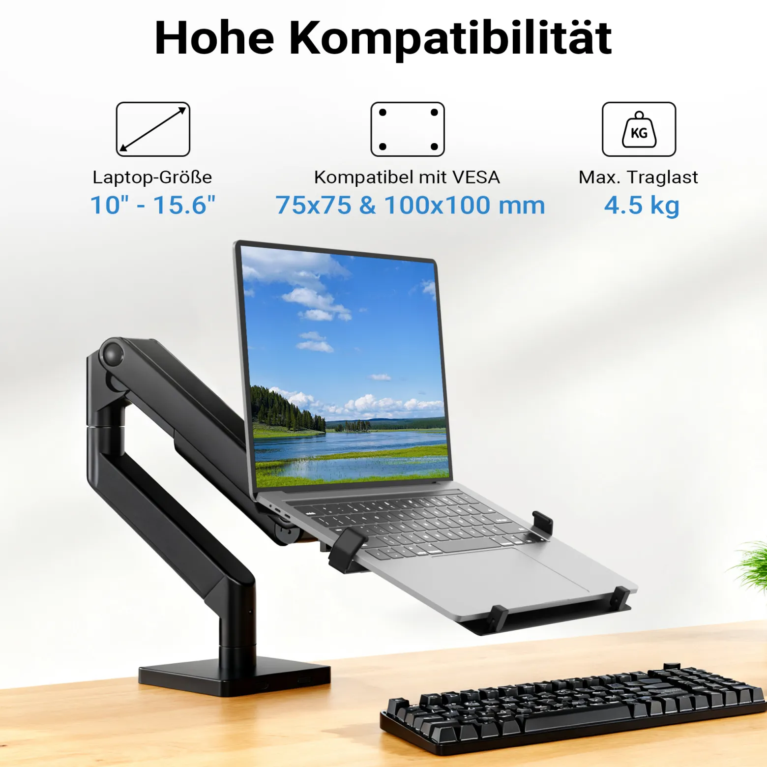 Wiltec Laptopablage für Monitorhalter, Laptopständer aus Stahl mit Breitenanpassung, Laptophalter kompatibel mit VESA 100 x 100 und 75 x 75, Notebook Halterung mit Rutschschutz