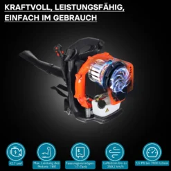 Wiltec Laubbläser 1,7 PS Rückenlaubbläser, Laubgebläse benzinbetrieben mit 1,2 l Tank, Benzin Laubbläser einhändig bedienbar, Laubpuster inkl. Düsen