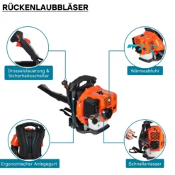 Wiltec Laubbläser 1,7 PS Rückenlaubbläser, Laubgebläse benzinbetrieben mit 1,2 l Tank, Benzin Laubbläser einhändig bedienbar, Laubpuster inkl. Düsen