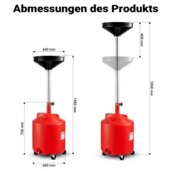 Wiltec Ölauffangwagen 75 l Ölablassgerät 145-185 cm, höhenverstellbarer Ölauffangbehälter mit großem Trichter Ø 41 cm, Altölauffangbehälter ideal für Ölwechsel bei Auto und Motorrad