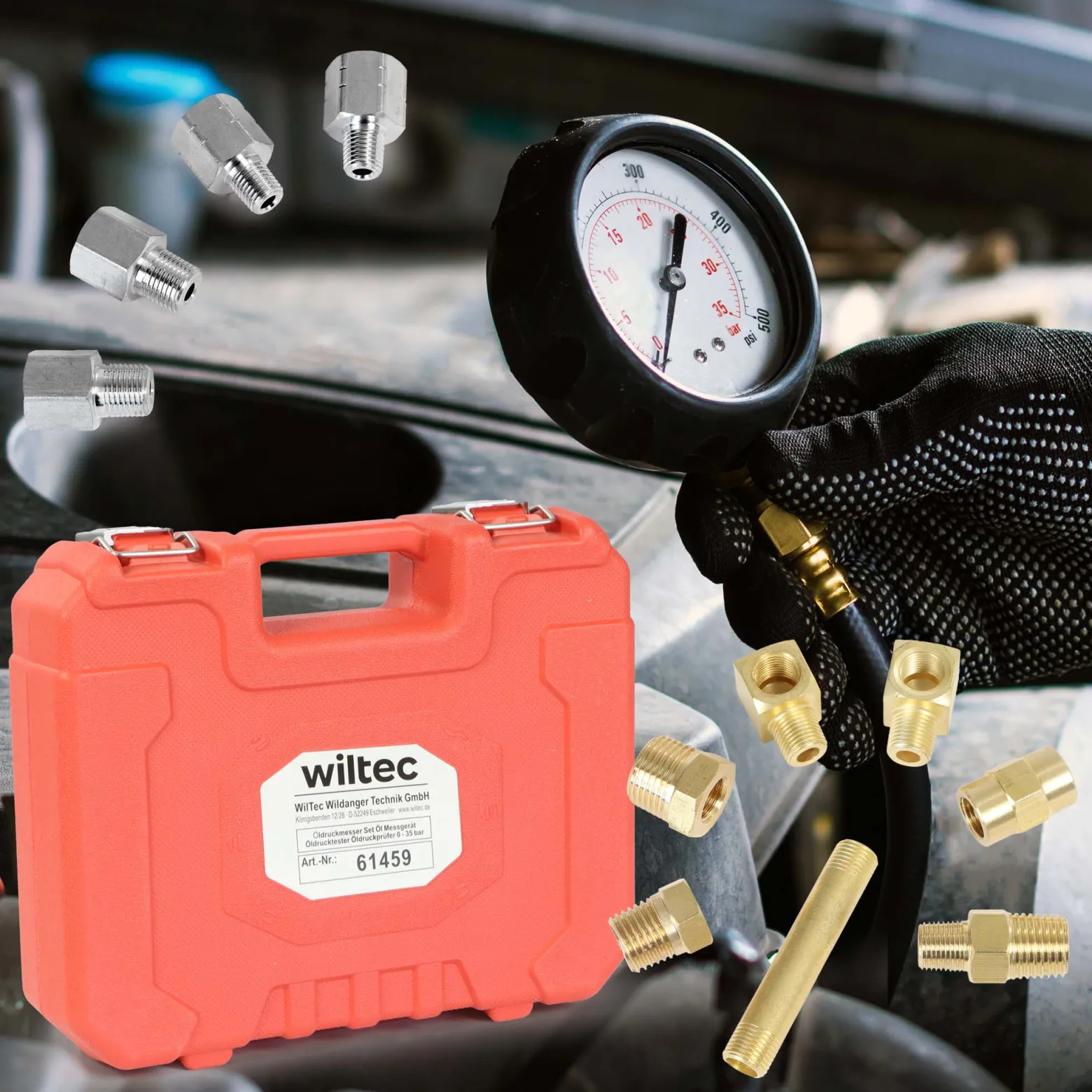 Wiltec Öldruckprüfer 12-teilig, 0-35 bar, Öldruckmesser mit 1500 mm Schlauch, Öldrucktester für Pkw und Lkw, Druckprüfer Motoröl, Messgerät Prüfgerät im Koffer