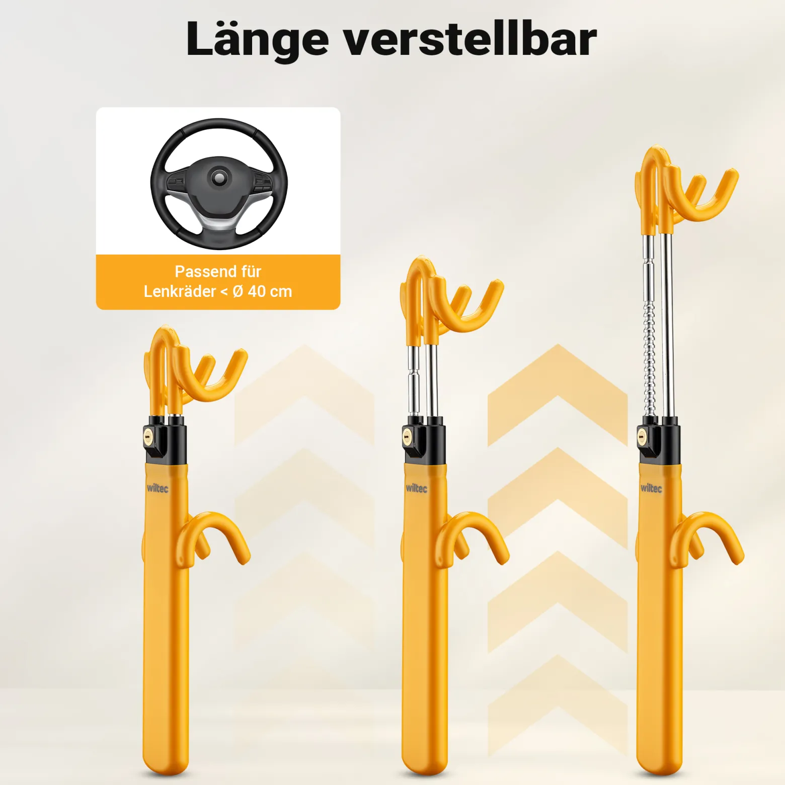 Wiltec Lenkradkralle inkl. 3 Schlüssel 490 x 90 x 98 mm für Lenkräder mit Durchmesser 190-315 mm