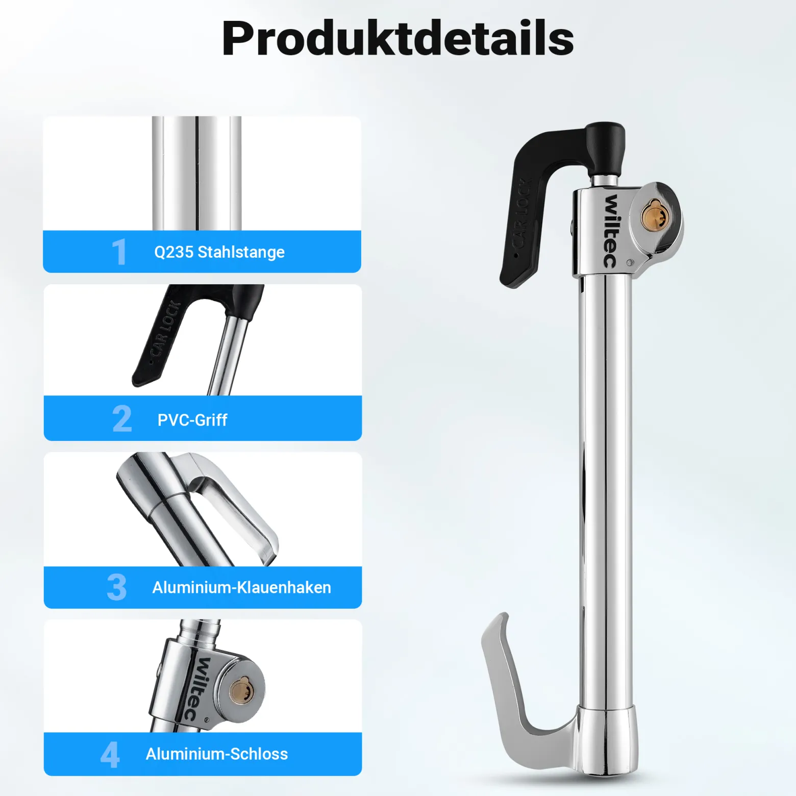 Wiltec Lenkradkralle Kupplungsschloss 360 x 110 x 48 mm als Lenkradsperre und Wegfahrsperre fürs Auto