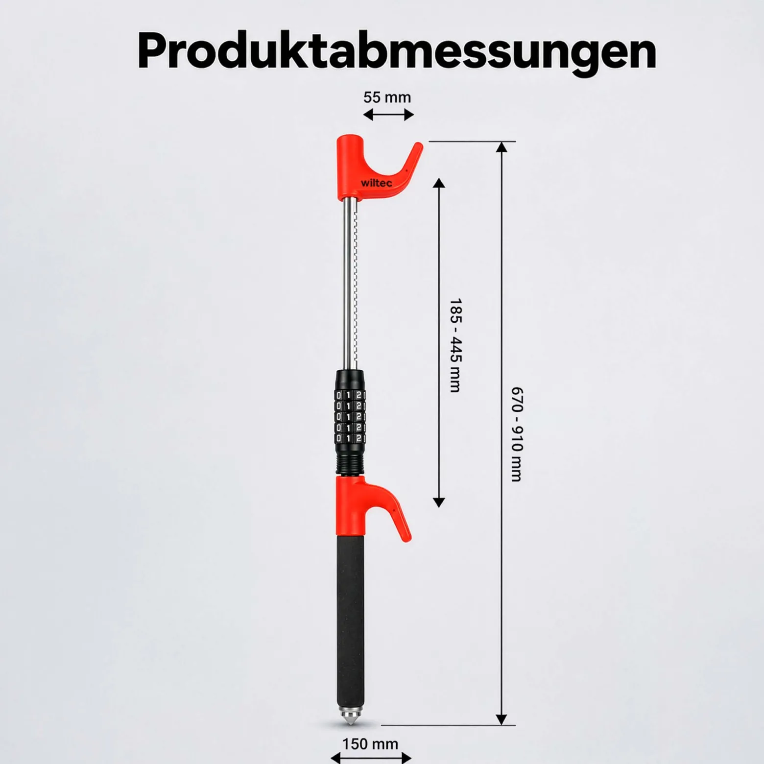 Wiltec Lenkradsperre mit Nothammer ausziehbar bis 67 cm als Lenkradschloss und Diebstahlsicherung fürs Auto