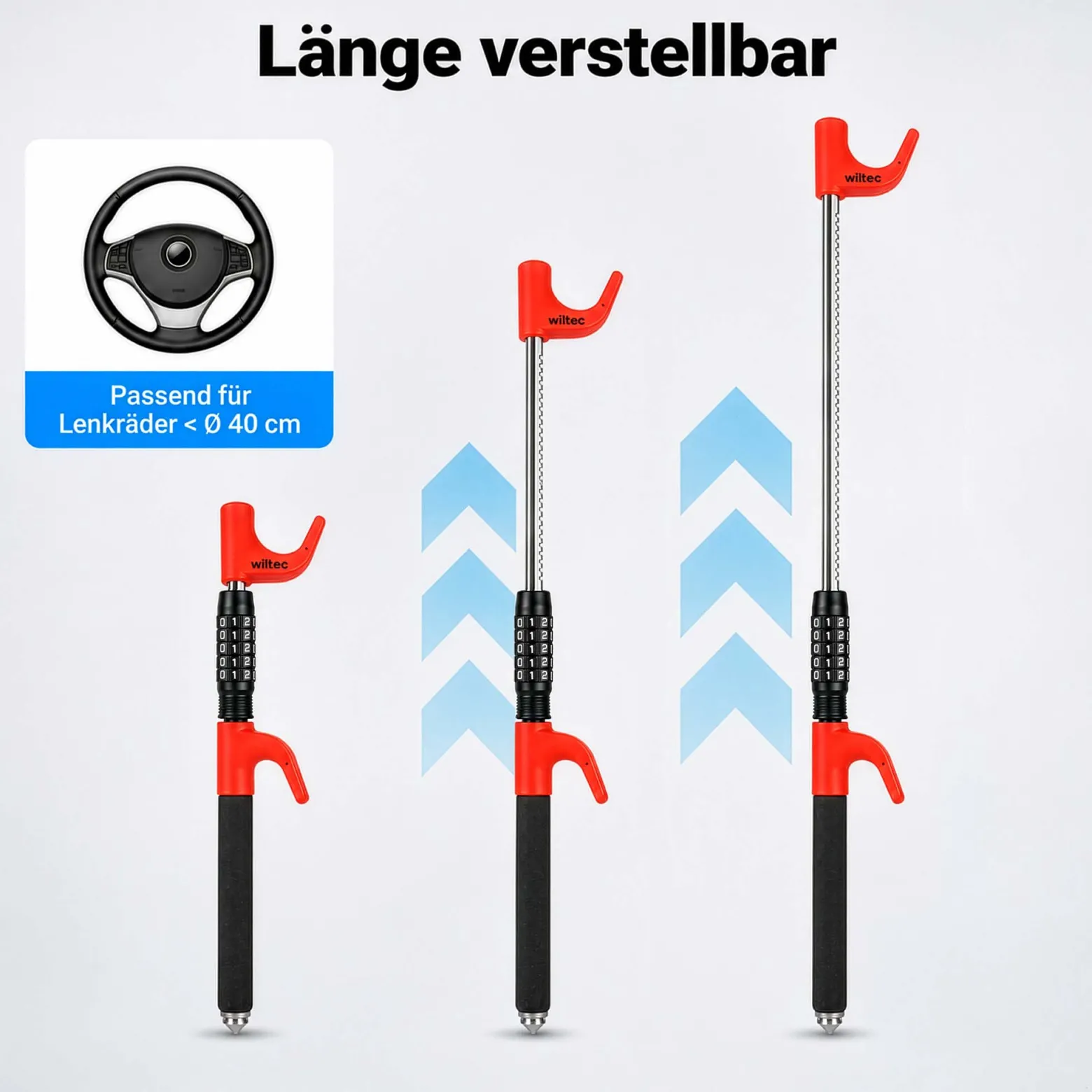 Wiltec Lenkradsperre mit Nothammer ausziehbar bis 67 cm als Lenkradschloss und Diebstahlsicherung fürs Auto