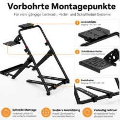 Wiltec Lenkradständer klappbar mit Pedalhalter belastbar bis 20 kg, höhenverstellbarer Sim Racing Stand kompatibel mit vielen Gaming Lenkrädern und Pedalen