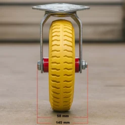 Wiltec Lenkrolle Ø220mm Transportrolle 58mm breit bis 100kg gelb aus Vollmaterial mit schwingender Halterung, pannensicher, leiser Lauf