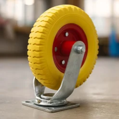 Wiltec Lenkrolle Ø220mm Transportrolle 58mm breit bis 100kg gelb aus Vollmaterial mit schwingender Halterung, pannensicher, leiser Lauf