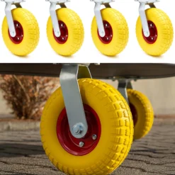 Wiltec Lenkrollen Set 4x Möbelrolle Ø258 bis 150kg pro Rad 78mm hoch mit Metallfelgen pannensicher gelb, leiser Lauf, Transportrollen Möbelrollen