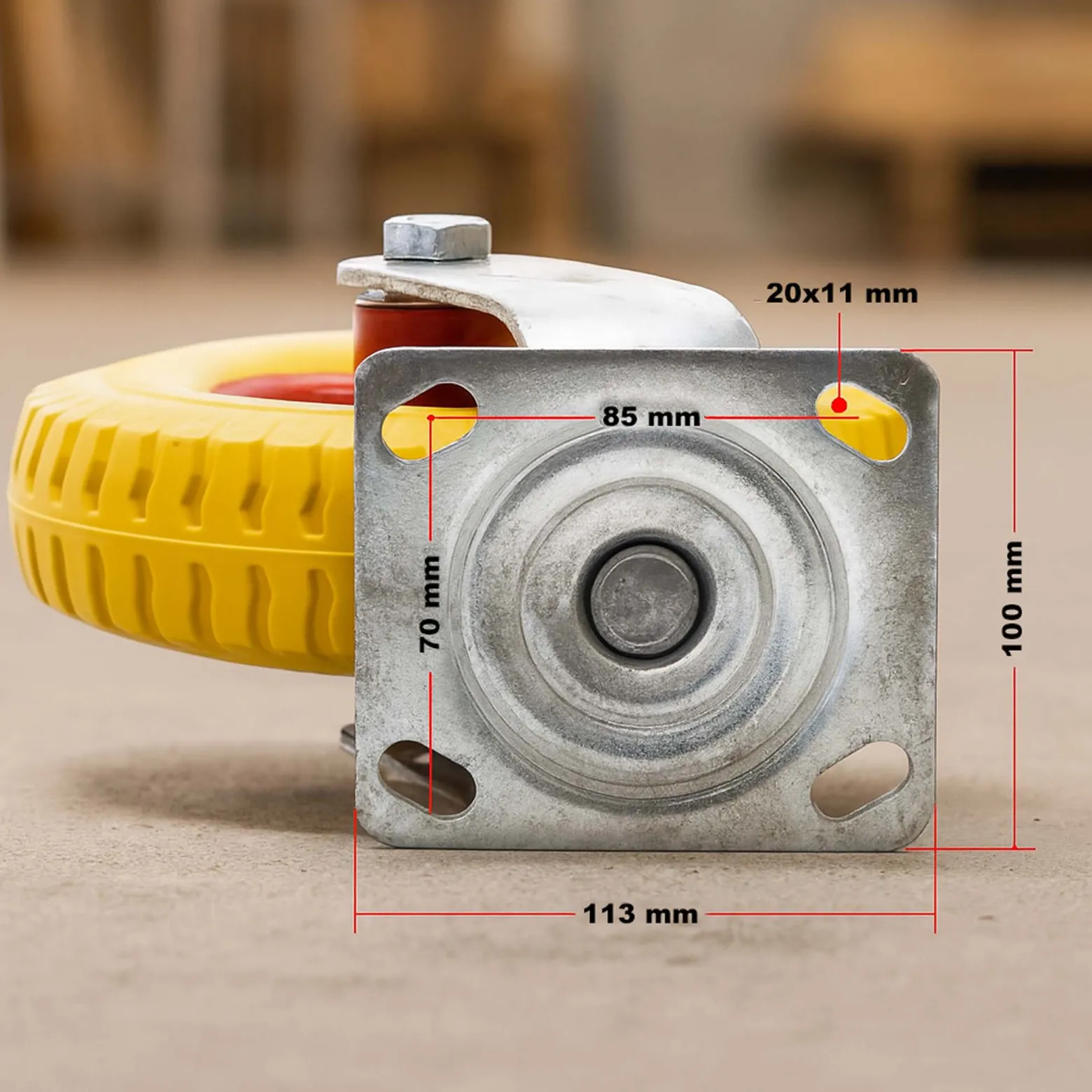 Wiltec Lenkrollen Set 4x Ø220mm Transportrolle 58mm breit bis 100kg pro Rad gelb aus Vollmaterial mit schwingender Halterung, pannensicher, leiser Lauf