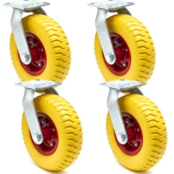 Wiltec Lenkrollen Set 4x Ø220mm Transportrolle 58mm breit bis 100kg pro Rad gelb aus Vollmaterial mit schwingender Halterung, pannensicher, leiser Lauf
