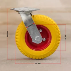 Wiltec Lenkrollen Set 4x Ø220mm Transportrolle 58mm breit bis 100kg pro Rad gelb aus Vollmaterial mit schwingender Halterung, pannensicher, leiser Lauf