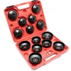 Wiltec Ölfilterkappen Set 14-teilig, Ölfilterschlüssel 65-100 mm, 10 mm Aufnahme, plus Adapter im Werkzeugkoffer, Ölwechsel Werkzeug aus Stahl