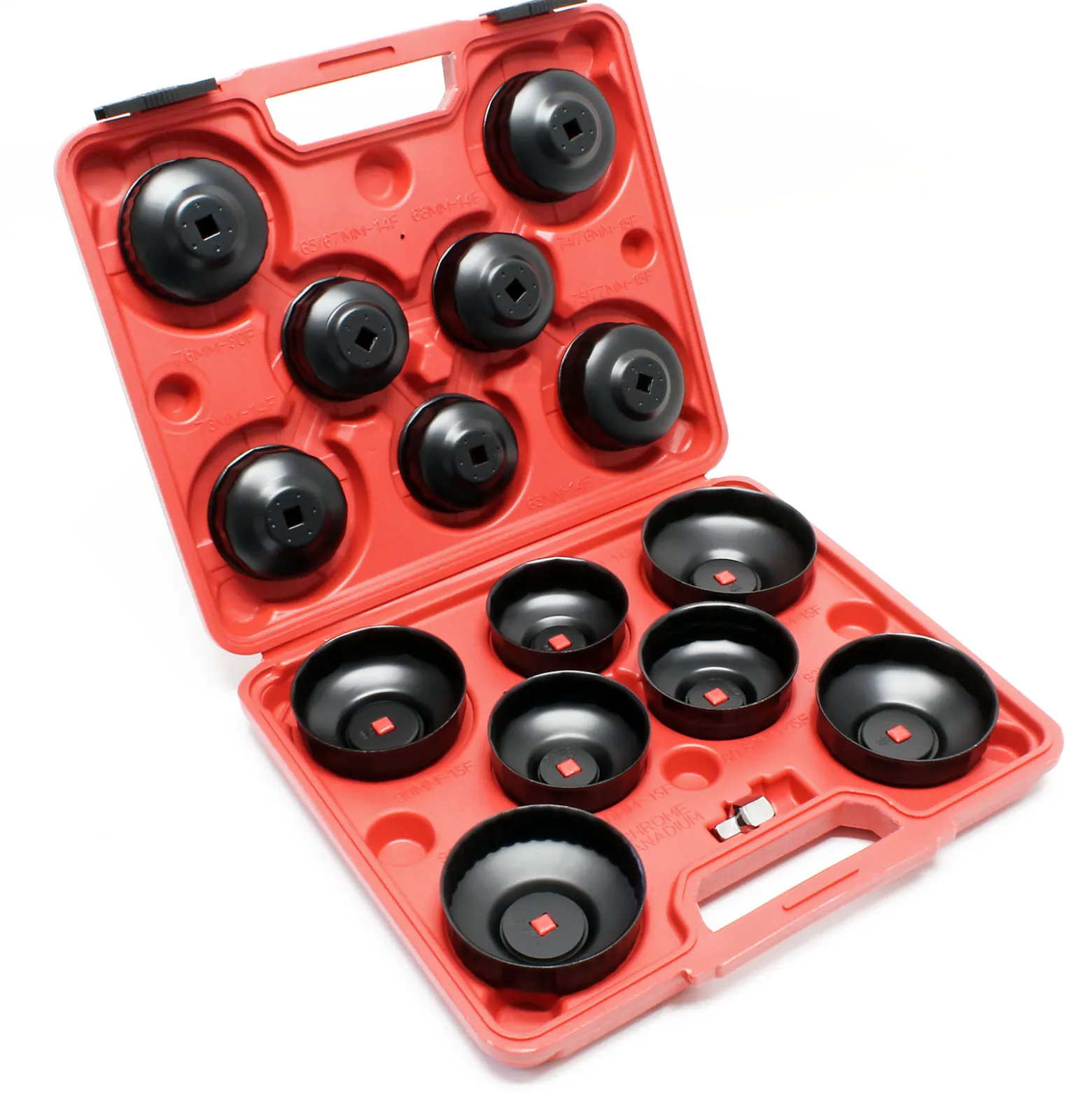 Wiltec Ölfilterkappen Set 14-teilig, Ölfilterschlüssel 65-100 mm, 10 mm Aufnahme, plus Adapter im Werkzeugkoffer, Ölwechsel Werkzeug aus Stahl
