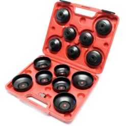 Wiltec Ölfilterkappen Set 14-teilig, Ölfilterschlüssel 65-100 mm, 10 mm Aufnahme, plus Adapter im Werkzeugkoffer, Ölwechsel Werkzeug aus Stahl
