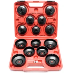 Wiltec Ölfilterkappen Set 14-teilig, Ölfilterschlüssel 65-100 mm, 10 mm Aufnahme, plus Adapter im Werkzeugkoffer, Ölwechsel Werkzeug aus Stahl