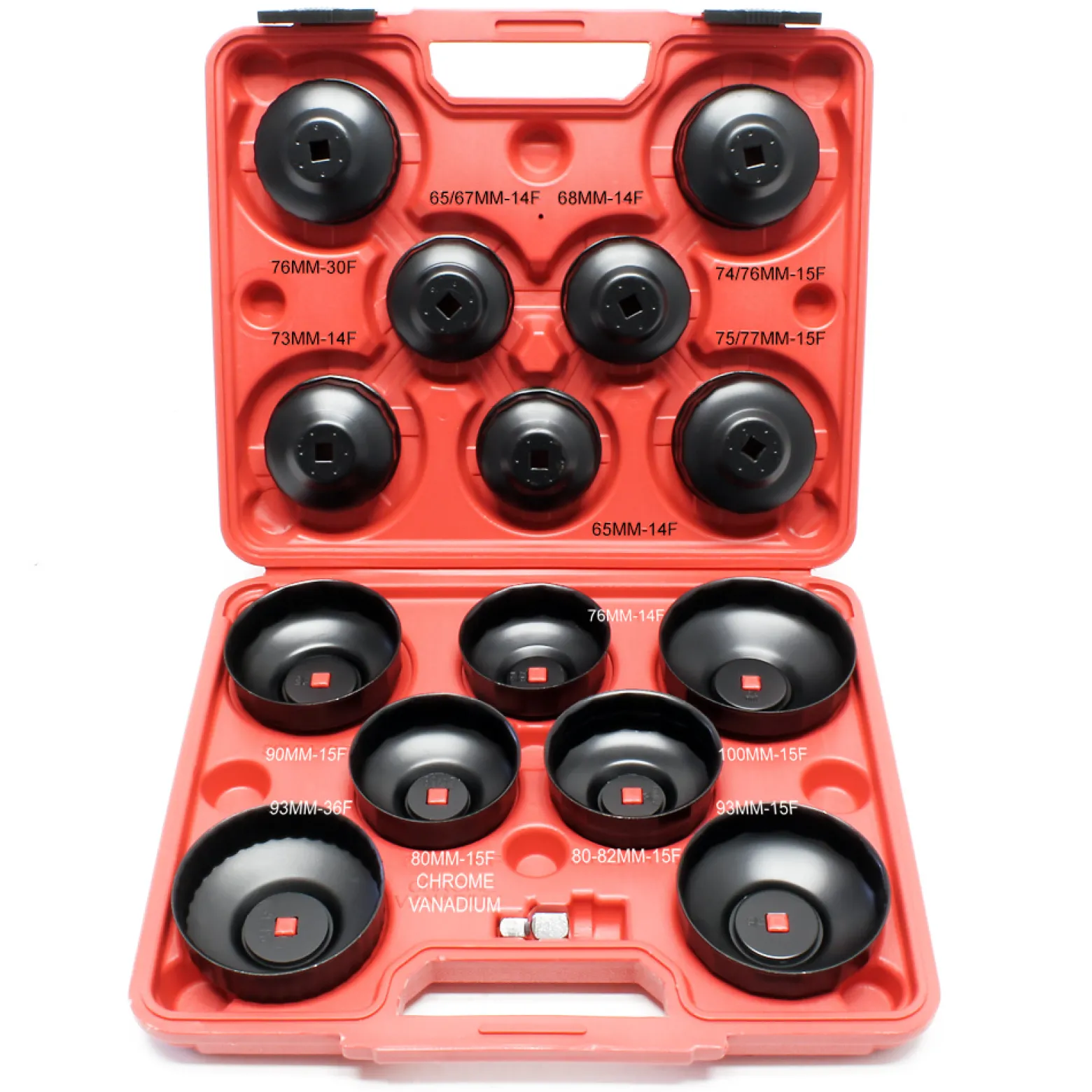Wiltec Ölfilterkappen Set 14-teilig, Ölfilterschlüssel 65-100 mm, 10 mm Aufnahme, plus Adapter im Werkzeugkoffer, Ölwechsel Werkzeug aus Stahl