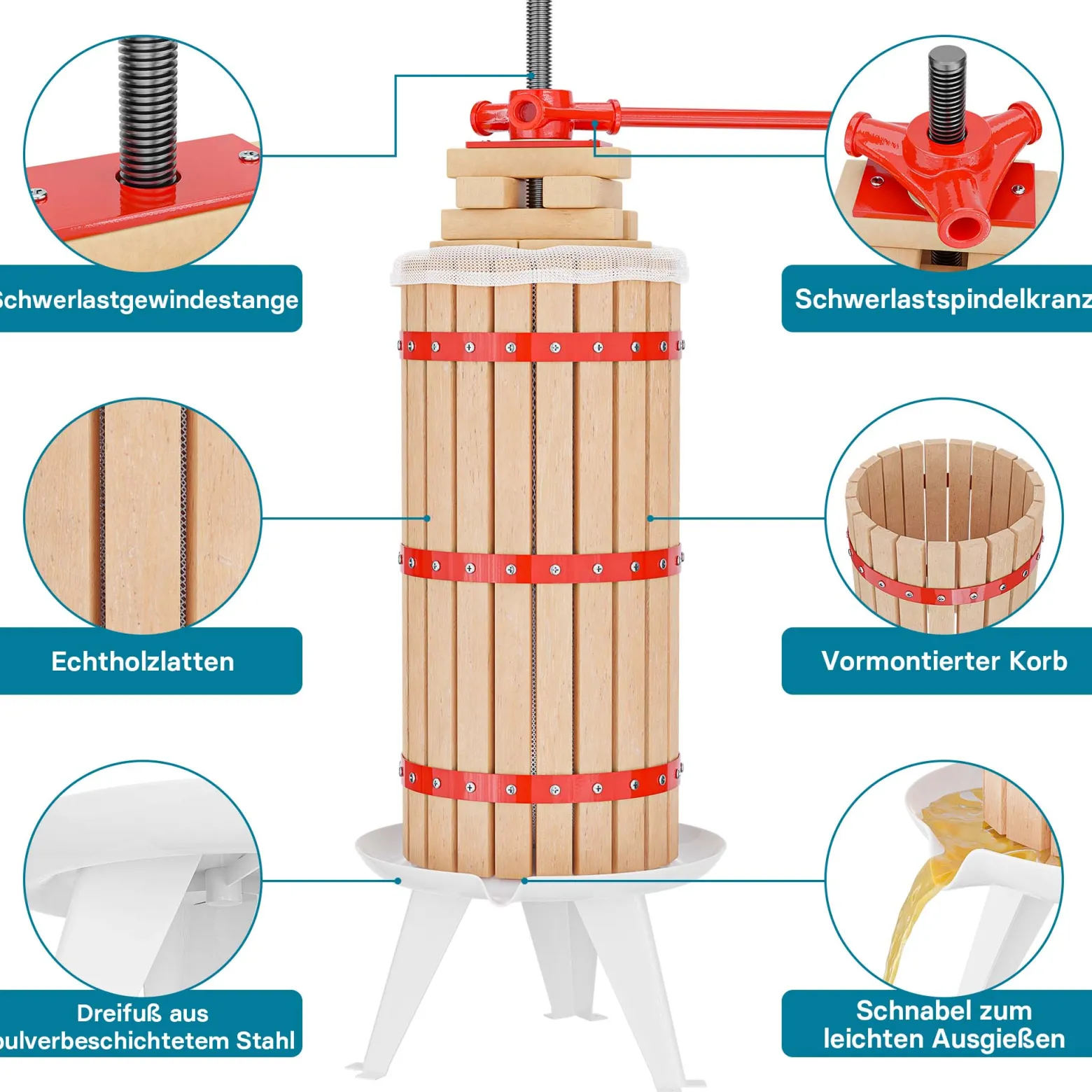 Wiltec 30L Obstpresse aus Buchenholz inkl. Presstuch, manuelle Weinpresse mit 285x581mm Korb, Apfelpresse Fruchtpresse für Obst Wein Maische
