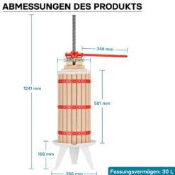 Wiltec 30L Obstpresse aus Buchenholz inkl. Presstuch, manuelle Weinpresse mit 285x581mm Korb, Apfelpresse Fruchtpresse für Obst Wein Maische