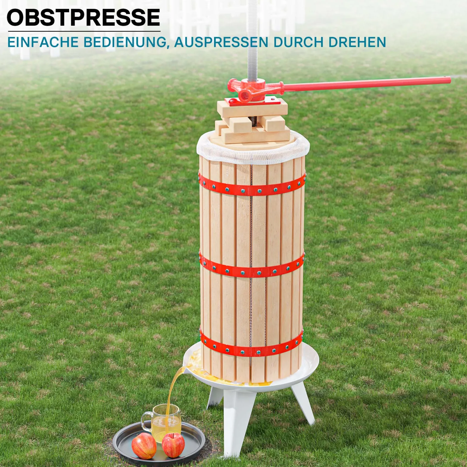 Wiltec 30L Obstpresse aus Buchenholz Saftpresse mit 3 passenden Presstüchern Weinpresse aus Holz Apfelpresse zum Wein Apfelsaft selber machen