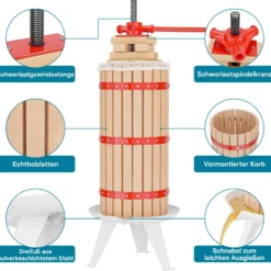 Wiltec 30L Obstpresse aus Buchenholz Saftpresse mit 3 passenden Presstüchern Weinpresse aus Holz Apfelpresse zum Wein Apfelsaft selber machen