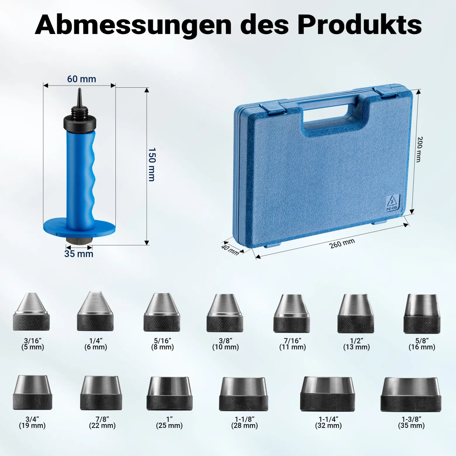 Wiltec Lochstanzer Set 13 in 1, Locheisensatz 13-teilig, Stanzeisen Set aus Stahl, Stanzwerkzeug 5-35 mm, Henkellocheisen inkl. Aufbewahrungsbox