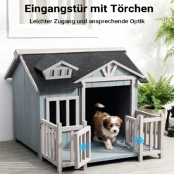 Wiltec Luxus XL Hundehütte 93,5 x 77,5 x 70 cm, grau weiß, Hundehaus aus Holz mit Veranda, Hundehöhle Outdoor für Balkon Garten Terrasse