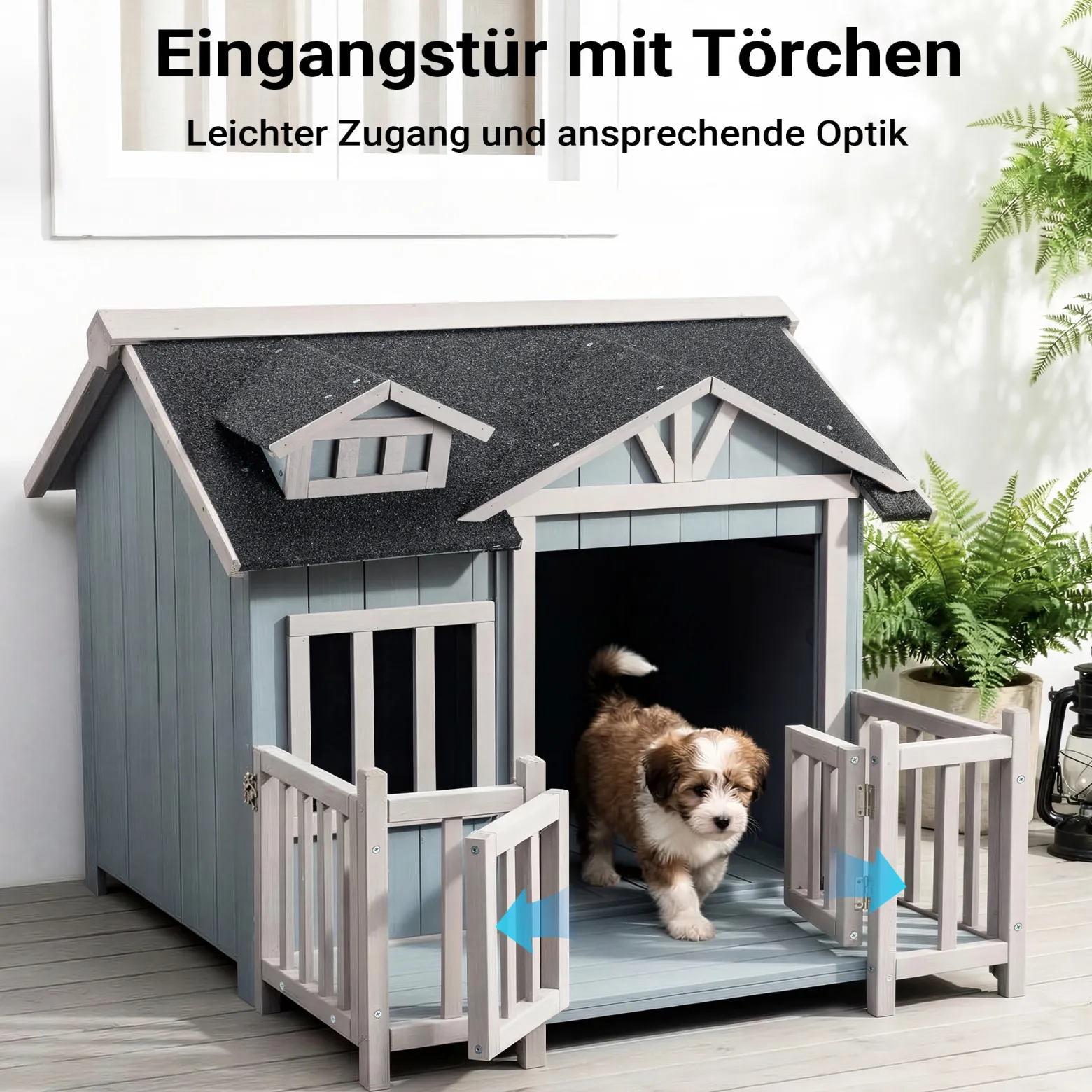 Wiltec Luxus XL Hundehütte 93,5 x 77,5 x 70 cm, grau weiß, Hundehaus aus Holz mit Veranda, Hundehöhle Outdoor für Balkon Garten Terrasse