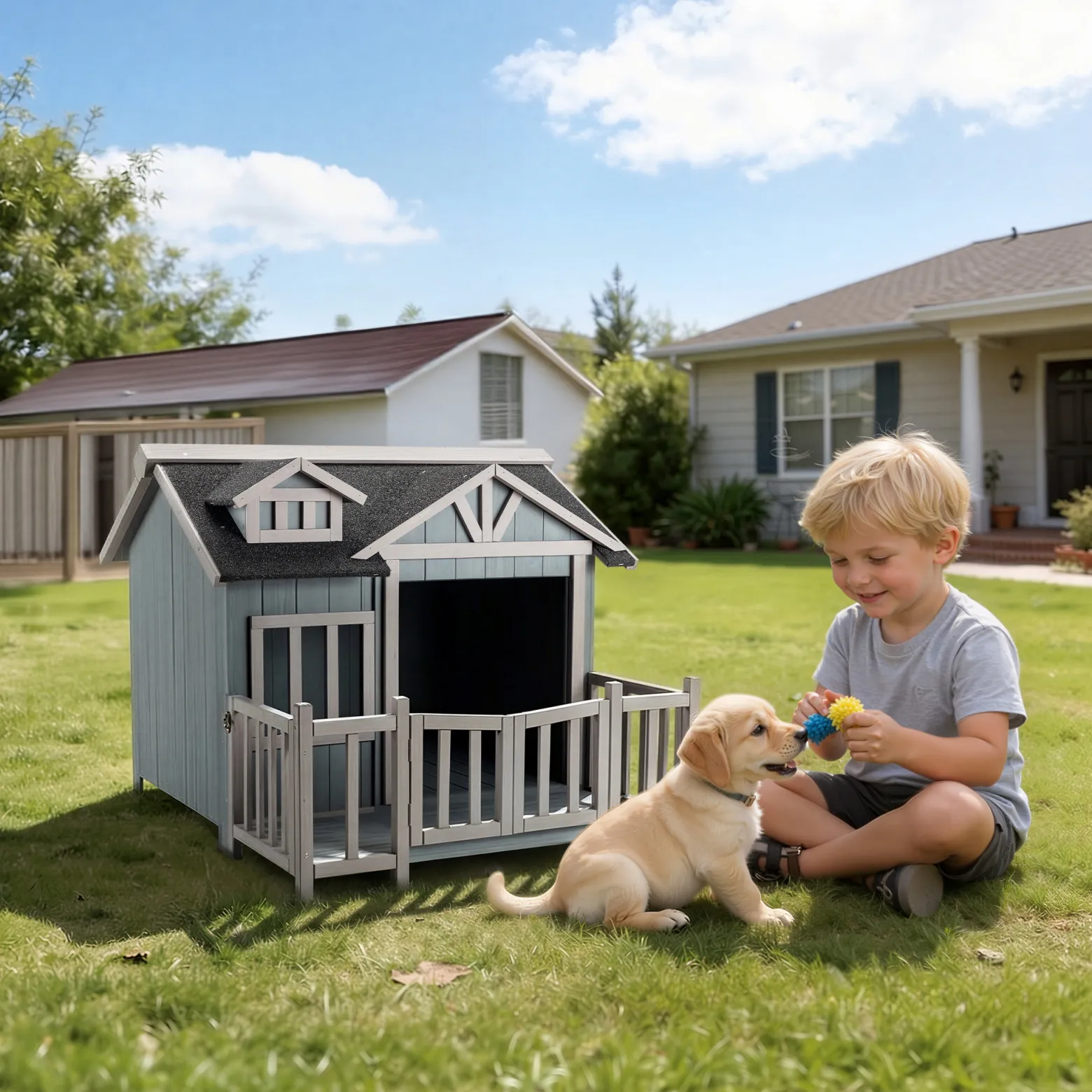 Wiltec Luxus XL Hundehütte 93,5 x 77,5 x 70 cm, grau weiß, Hundehaus aus Holz mit Veranda, Hundehöhle Outdoor für Balkon Garten Terrasse