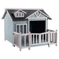 Wiltec Luxus XL Hundehütte 93,5 x 77,5 x 70 cm, grau weiß, Hundehaus aus Holz mit Veranda, Hundehöhle Outdoor für Balkon Garten Terrasse