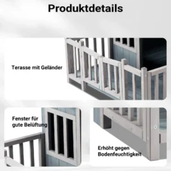 Wiltec Luxus XL Hundehütte 93,5 x 77,5 x 70 cm, grau weiß, Hundehaus aus Holz mit Veranda, Hundehöhle Outdoor für Balkon Garten Terrasse