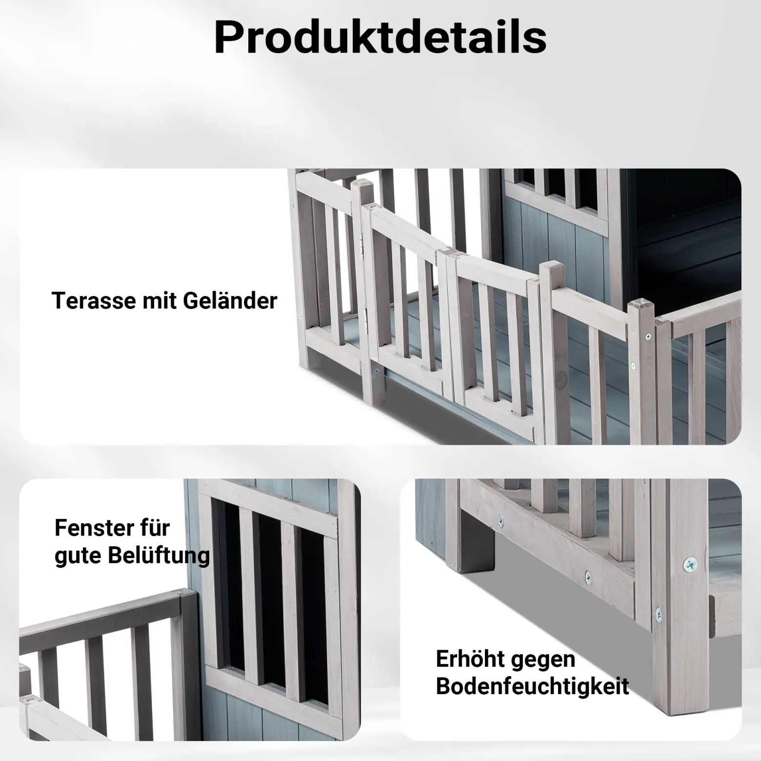 Wiltec Luxus XL Hundehütte 93,5 x 77,5 x 70 cm, grau weiß, Hundehaus aus Holz mit Veranda, Hundehöhle Outdoor für Balkon Garten Terrasse