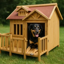 Wiltec Luxus XL Hundehütte 93,5 x 77,5 x 70 cm, braun, Hundehaus aus Holz mit Veranda, Hundehöhle Outdoor für Balkon Garten Terrasse