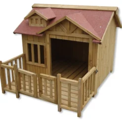 Wiltec Luxus XL Hundehütte 93,5 x 77,5 x 70 cm, braun, Hundehaus aus Holz mit Veranda, Hundehöhle Outdoor für Balkon Garten Terrasse