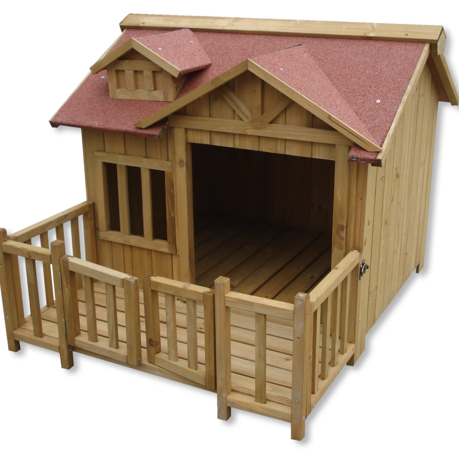 Wiltec Luxus XL Hundehütte 93,5 x 77,5 x 70 cm, braun, Hundehaus aus Holz mit Veranda, Hundehöhle Outdoor für Balkon Garten Terrasse