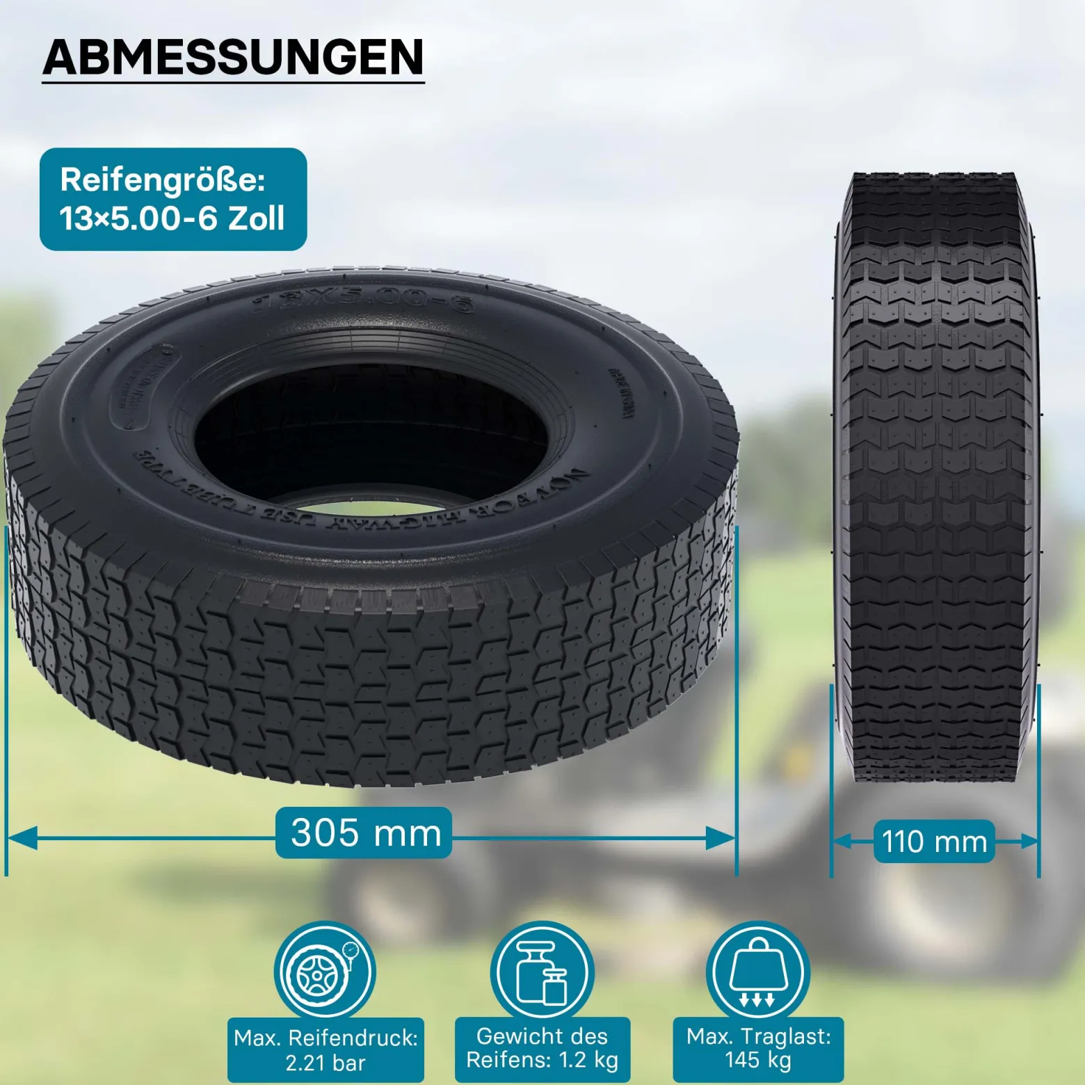 Wiltec Mantel Rasenmäherreifen 13x5.00-6 Reifendecke Rasentraktor Aufsitzmäher Rasenmäher Zugkarren