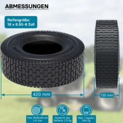 Wiltec Mantel Rasenmäherreifen Reifendecke Rasentraktor Aufsitzmäher Rasenmäher Zugkarren 16x6.50-8 4PR