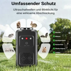 Wiltec Marderschreck mit Ultraschall und LED-Blitz für 20 m², batteriebetriebene Marderabwehr für Auto, Haus und Garten mit automatischer Ein- und Ausschaltfunktion