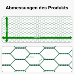 Wiltec Maschendrahtzaun Grün 60 cm x 25 m, 0,9 mm Stärke 25x25 mm Maschengröße, Volierendraht 6-Eck aus Stahl verzinkt, Drahtgitter, Vogeldraht