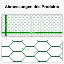 Wiltec Maschendrahtzaun Grün 90 cm x 10 m, 0,6 mm Stärke 25x25 mm Maschengröße, Volierendraht 6-Eck aus Stahl verzinkt, Drahtgitter, Vogeldraht