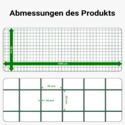 Wiltec Maschendrahtzaun Grün 1x10 m 50 cm Höhe 1,42 mm Stärke 25x25 mm Maschengröße, Volierendraht 4-Eck aus Stahl verzinkt, Drahtgitter, Vogeldraht